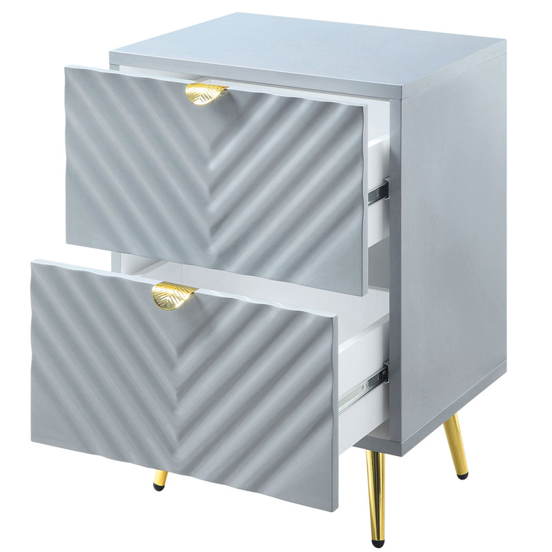 Table de chevet grise très brillante avec 2 tiroirs et détails ondulés - Améliorez l'atmosphère de votre chambre à coucher