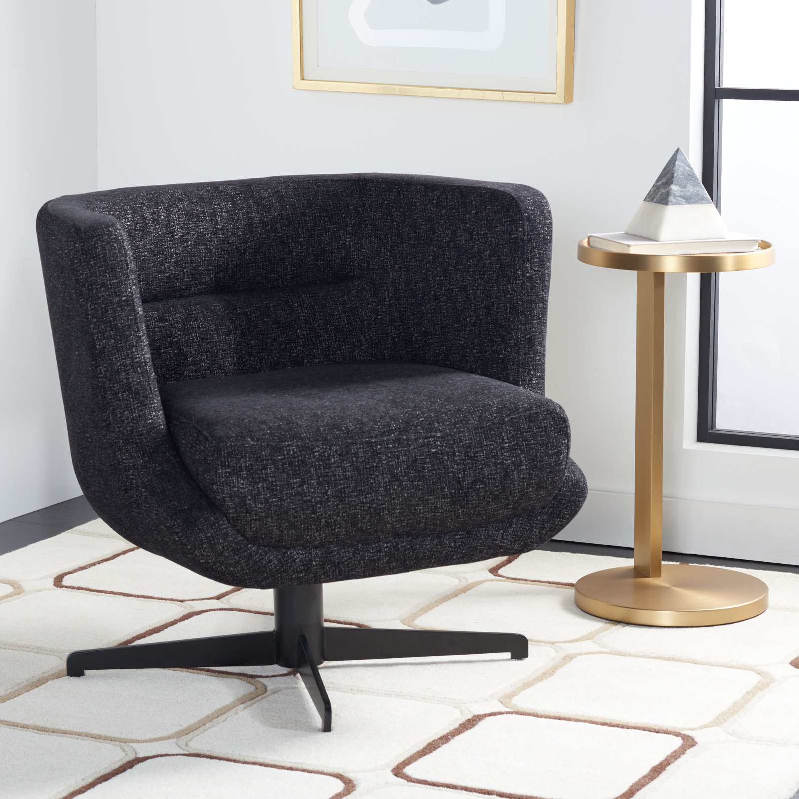 Arnelle Pine Swivel Barrel Chair, 100% Polyester Black 