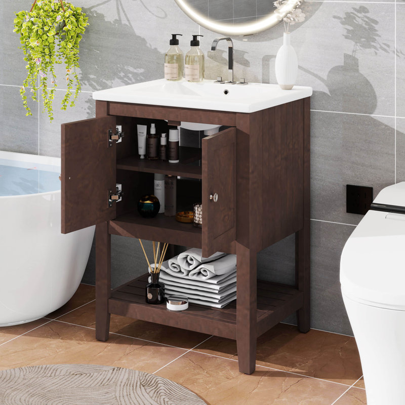 Meuble-lavabo 24 po avec lavabo, petit meuble-lavabo, meuble-lavabo simple avec 2 portes et 1 tablette ouverte, Brun