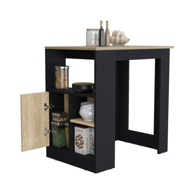 1-Door Cabinet Kitchen Island In Black/Natural Oak With Side Shelf Space Black And Natural Look