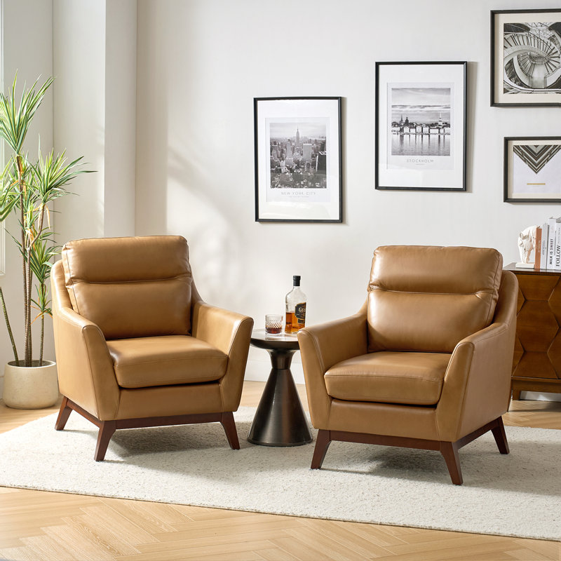 Mariessa Mid-Century Modern Genuine Leather Armchair, Brown Genuine Leather