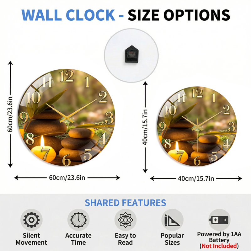 Horloge murale Zen, 60 x 60 cm (23,6 x 23,6 pouces)