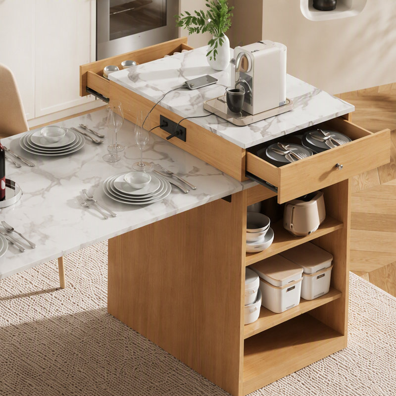 Îlot de cuisine 59,5 po avec table de salle à manger extensible K&K, table de rangement avec rangement double-face, îlot de cuisine avec 2 tiroirs, prise de courant, tablettes ouvertes sur le côté