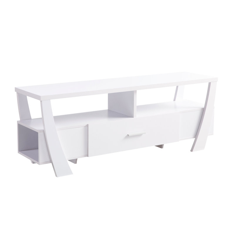 Meuble télé contemporain blanc - quatre tablettes et un tiroir, pouvant supporter jusqu'à 100 lb, 2 tablettes, 1 tiroir avec glissières fiables, tablette latérale, panneau de particules blanc pouvant accueillir de manière fiable et précise
