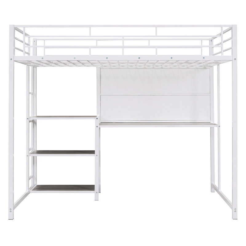 Lit mezzanine avec bureau et tableau blanc, lit mezzanine en métal avec 3 tablettes et échelle, Lit simple, Noir