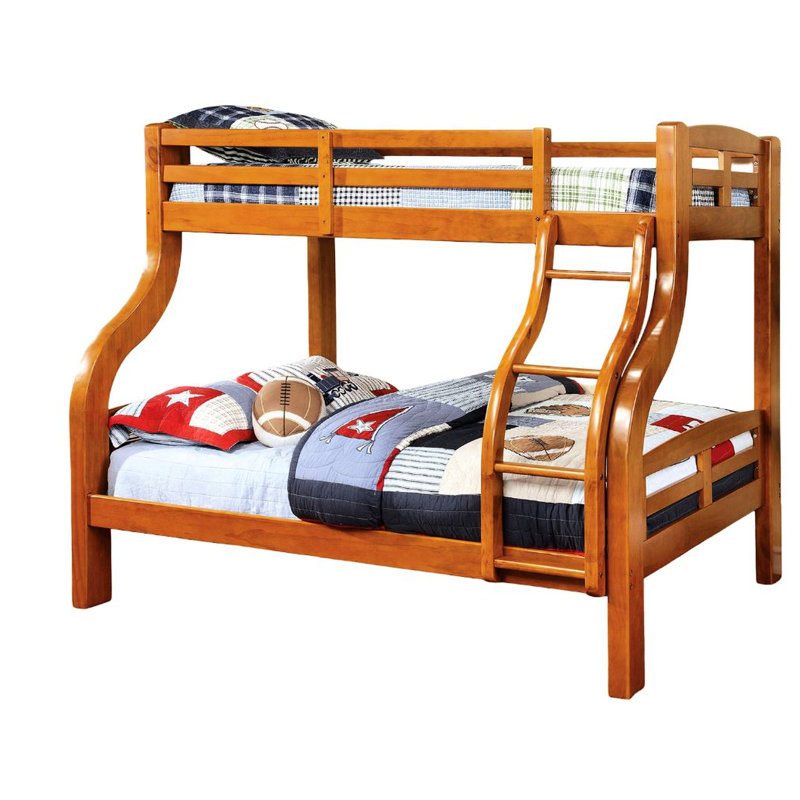 Lit superposé simple au-dessus d'un lit double transitionnel en chêne transitionnel avec un design en bois courbé et incliné, en bois massif, des rails pour le lit de finition, une structure audacieuse et 14 pièces Lattes