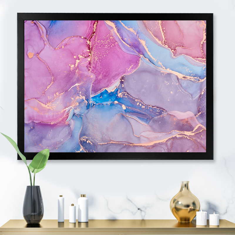Rose et bleu liquide Art I - reproduction d'art moderne sur toile, H 12 po x l 20 po, Cadre noir