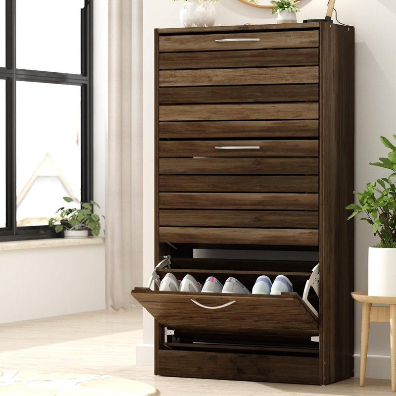 3-Drawer Shoe Storage Cabinet With Ventilate Doors, Wood 3-Tier Shoe Rack Storage Organizer For Entryway, Hallway, (22.4”W X 9.4”D X 42.3”H)