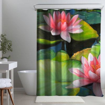 Blue Romantic – Water Lilies & Lotus Flowers – Polyester Shower Curtain, Dye Sublimation Print, 71" W × 74" L
