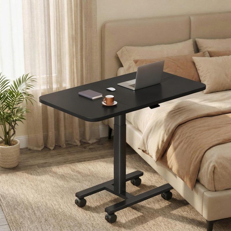 Table de bout pneumatique en forme de C à hauteur réglable avec rallonge pliable et roulettes verrouillables, Noir