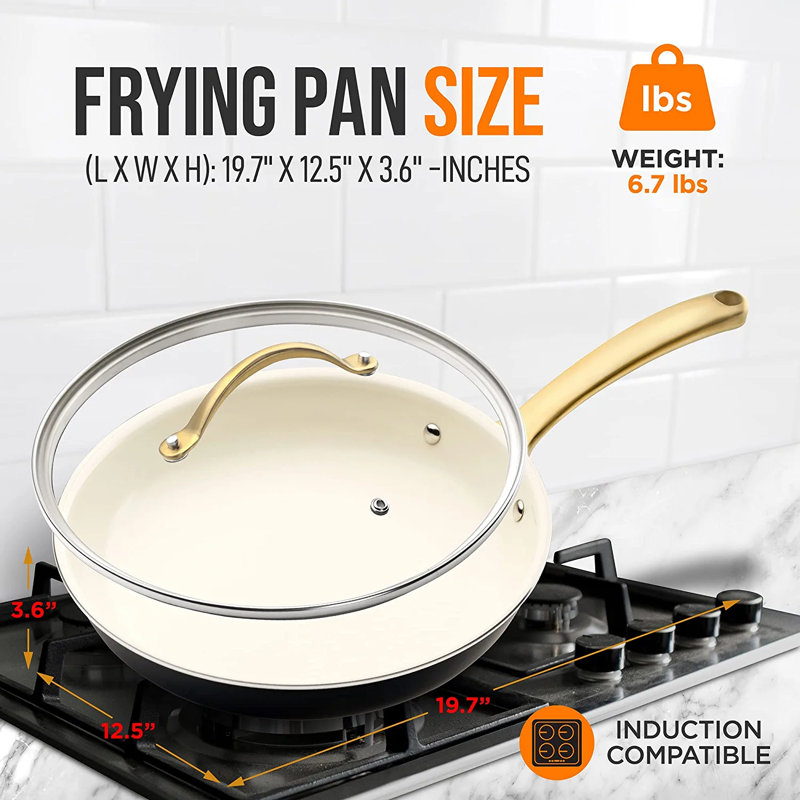 12" Non-Stick Fry Pan with Golden Handle and Lid