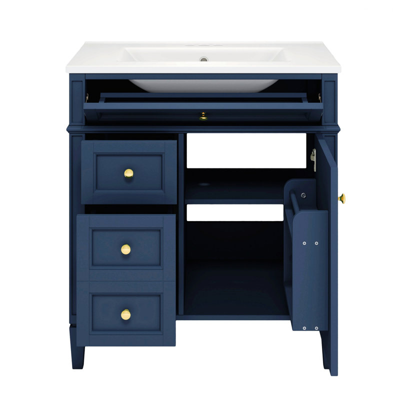 Meuble-lavabo simple avec lavabo supérieur, armoire de rangement pour la salle de bain avec 2 tiroirs et un tiroir basculant, rangement pour la salle de bain