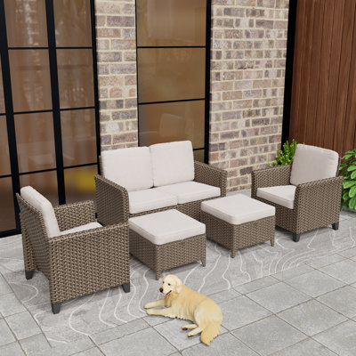 5-Piece All-Weather Patio Set – 2-Seat Wicker Sofa, 2 Armchairs & 2 Ottomans with Cushions