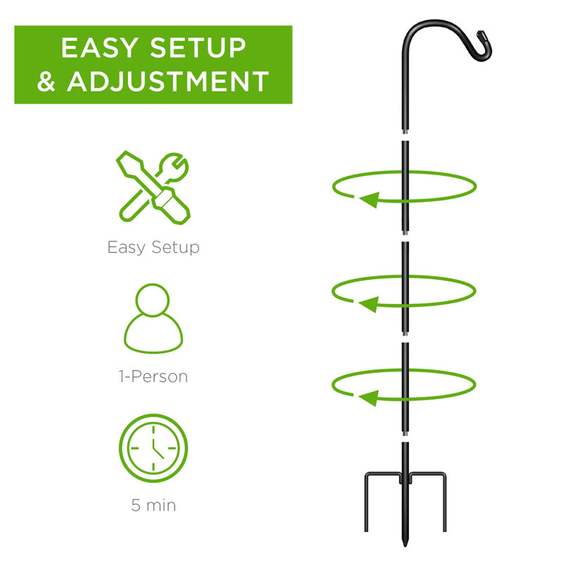 Adjustable Black Metal Shepherd Hooks with 3-Prong Base