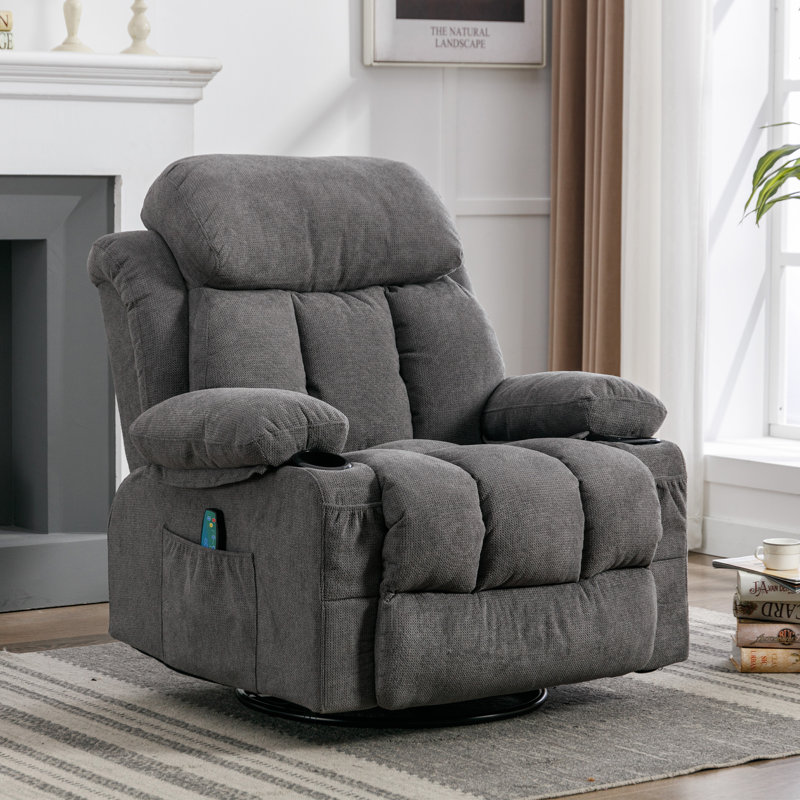 Massage 360 Swivel Rocker Recliner Chair, Fabric Manual Recliner Chair, Heating, Cup Holders, USB, Gray 100% Cotton