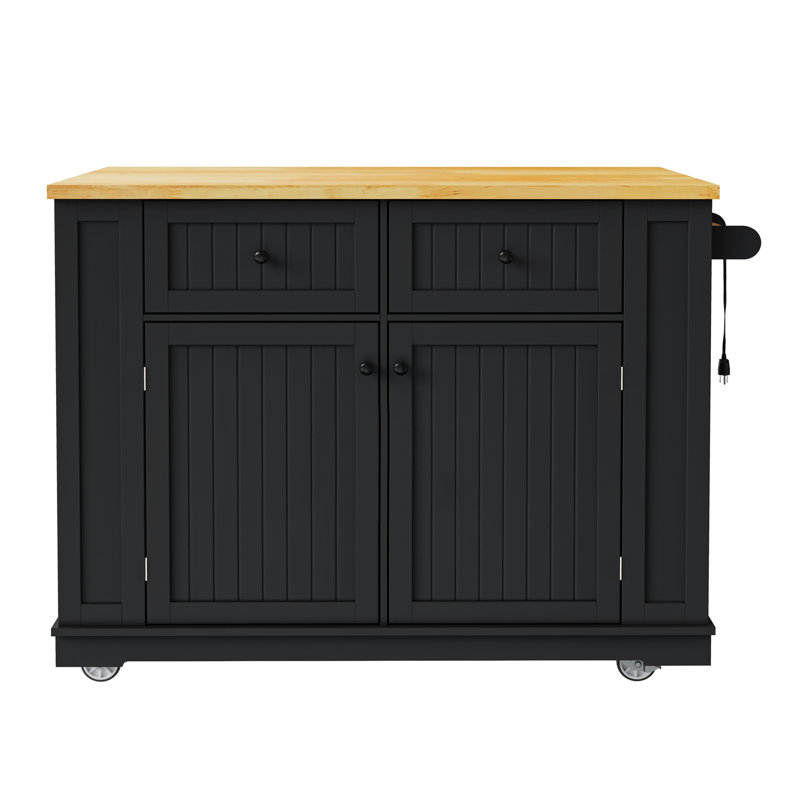 Chariot de rangement à roulettes noir 48 pouces avec rallonge, prise de courant et 5 supports latéraux ouverts - Grand îlot de cuisine (2 paquets, tabourets non inclus)