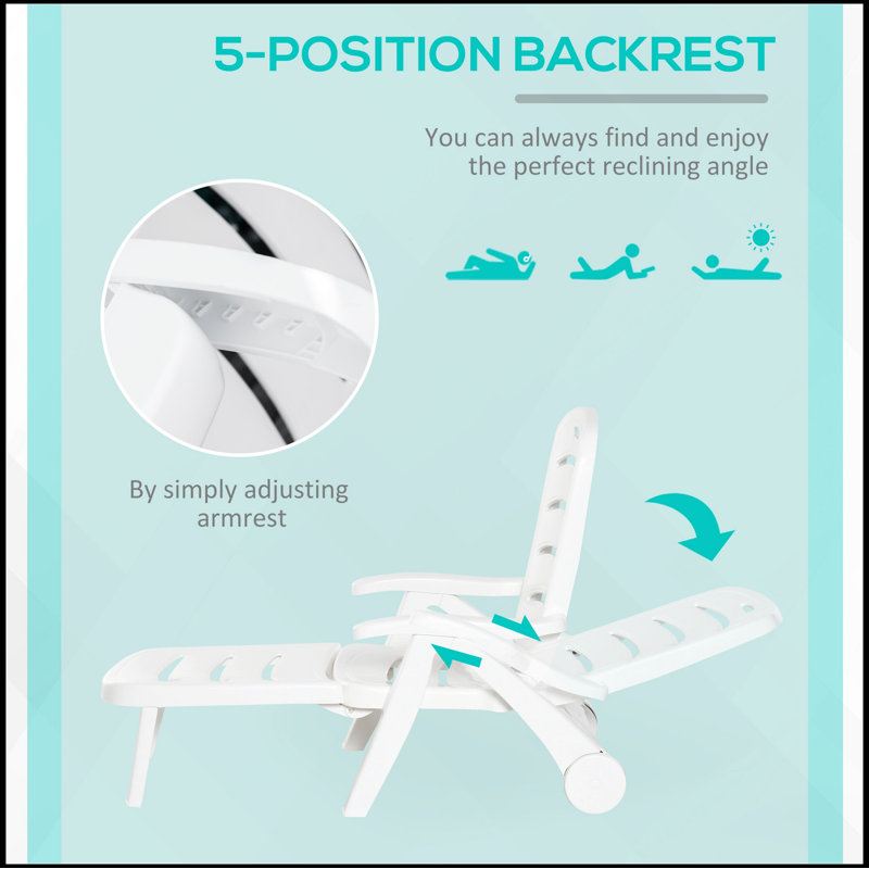 Chaise longue d'extérieur à dossier réglable à 5 niveaux avec roulettes Outsunny
