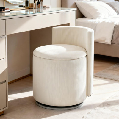 360° Swivel Vanity Stool with Storage, Corduroy Round Vanity Chair with Curved Back, Accent Stool for Bedroom, Living Room, Makeup Room, Dressing Area