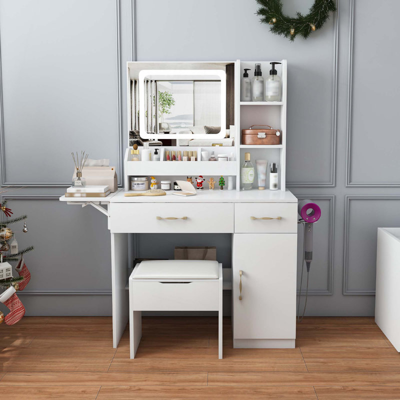 Vanity Desk With LED Mirror Lights And Power Outlet Charging Station, Makeup Dressing Table With 3 Drawers, 7 Shelves And Storage Stool, For Girls And Women