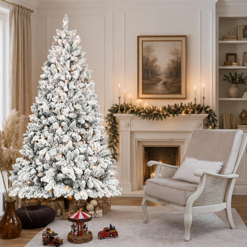 Sapin de Noël artificiel floqué avec éclairage intégré et pommes de pin naturelles pour une décoration festive de Noël.