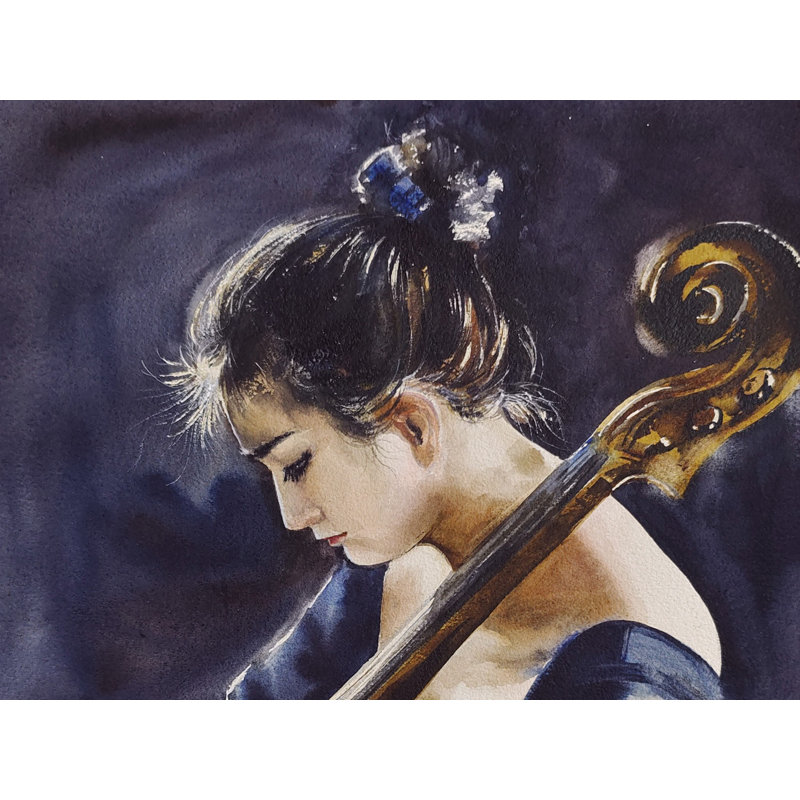 Dame jouant du violoncelle | Aquarelle | Décoration murale
