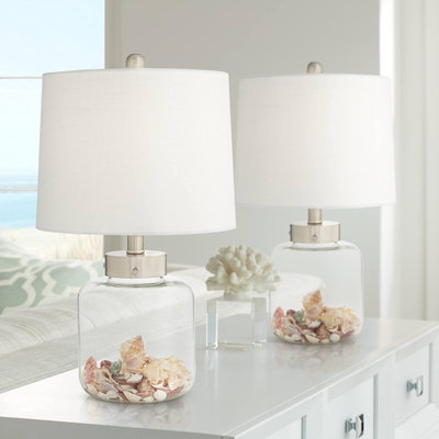 Ensemble de 2 petites lampes de table décoratives Country Coastal, ensemble de 2 coquilles remplissables en verre transparent, abat-jour tambour blanc, décor pour le salon, la chambre à coucher et la table de chevet