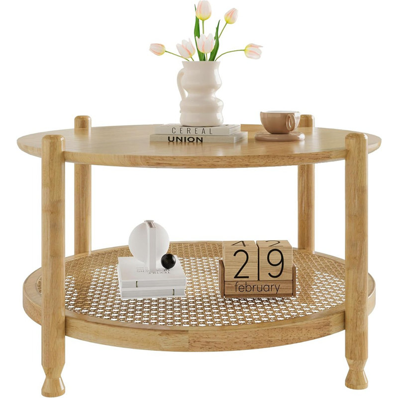 Table basse de 32 po pour le salon, table centrale ronde à 2 niveaux pour la décoration intérieure avec tablette de rangement en rotin tissé Boho | Conception de style campagne moderne, assemblage facile, chêne