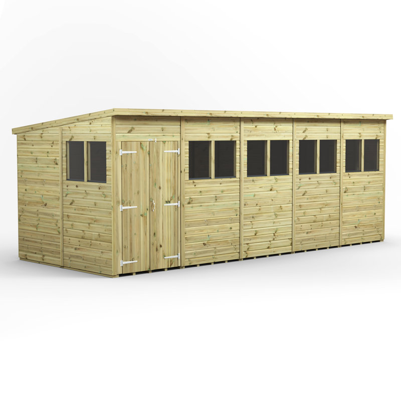 Powersheds 20 x 8ft Premium Pressure Treated Timber Pent Garden Shed, Double Doors