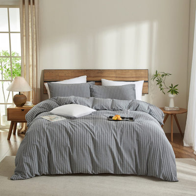 LIFETOWN Striped Duvet Cover Set 100% Washed Cotton Linen Like Bedding Set