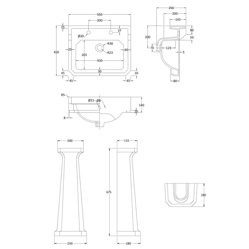  Vitreous China Rectangular Full Pedestal Basin