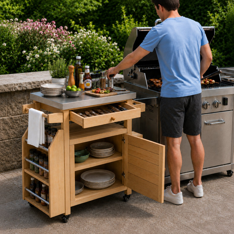 Mobile Outdoor Kitchen Island Cart with 304 Stainless Steel Top, Solid Wood Storage Cabinet, Side Rack and Lockable Wheels