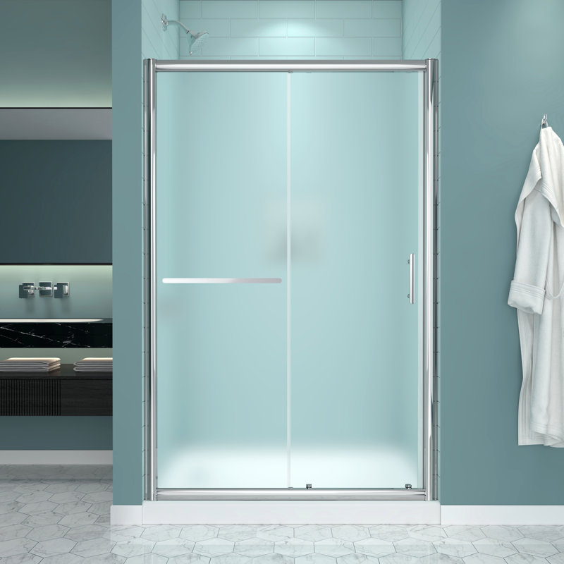 Porte de douche coulissante simple en aluminium avec verre trempé et revêtement protecteur Cyr 48 po x H 72 po Cyrus, Gelé