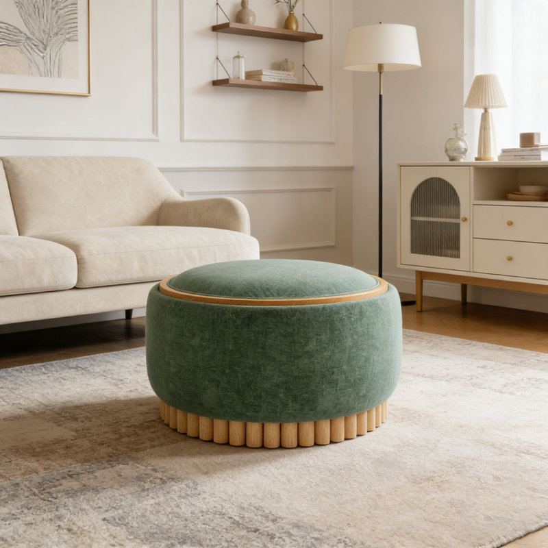 Repose-pieds de rangement rond 29 po avec pieds en bois massif, table basse moderne avec couvercle réversible, structure en bois, tissu chenille