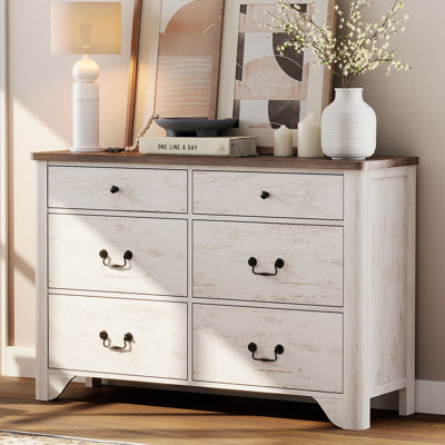 Haikey 47.2" Kids Dresser For Bedroom, Farmhouse Kids Closet Storage Organizer, 6-Drawer Dressers With Wide Chest, Wood Baby Dresser For Nursery, Living Room