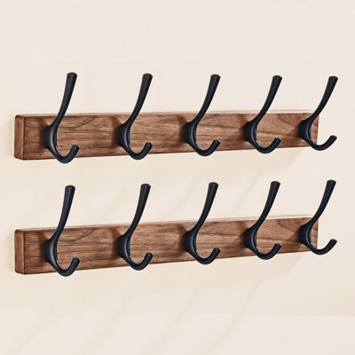Solid Walnut Wood Wall Mounted Coat Rack With 5 Heavy Duty Hooks - Space Saving Entryway, Bathroom, And Closet Organizer For Towels, Bags, Hats, And Coats