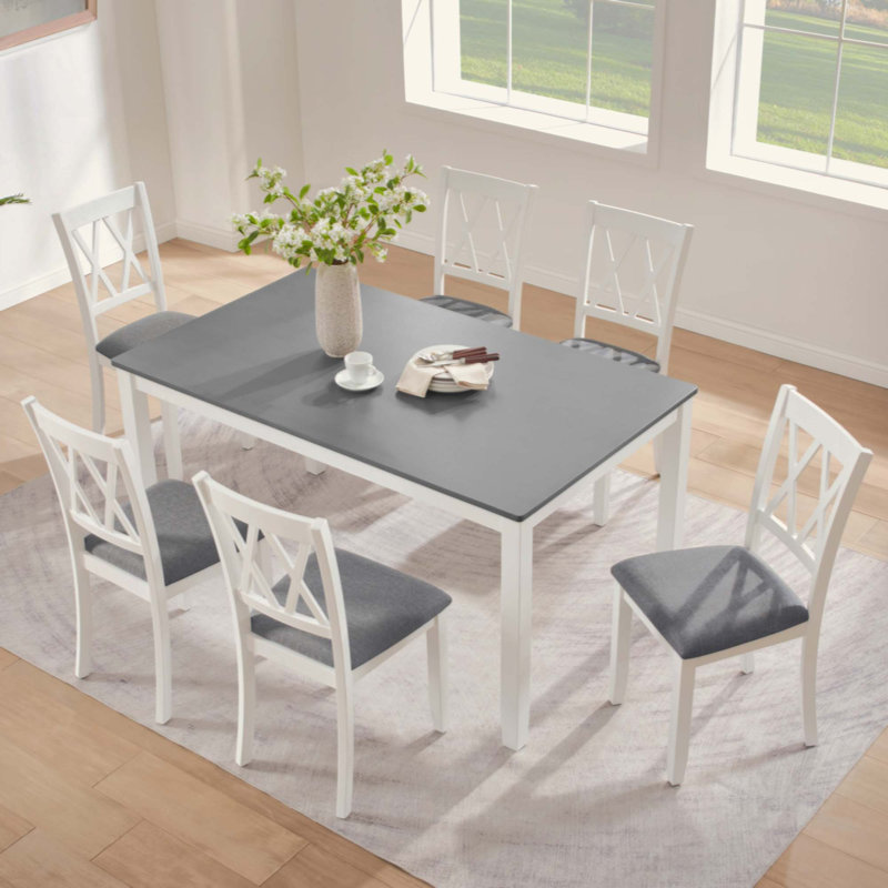 Ensemble de salle à manger moderne en bois massif 7 pièces avec 6 chaises rembourrées
