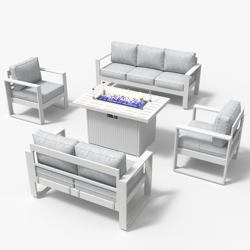 5 Piece Sofa Seating Group With Cushions, Light Grey/White