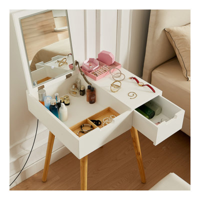 Petite coiffeuse de maquillage, bureau avec 2 tiroirs, organisateur de miroir rabattable, coiffeuse de maquillage pour chambre à coucher, vestiaire