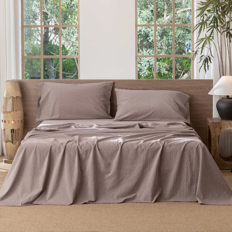 Drap plat 100% coton lavé MooMee, Drap plat de taille très grand, Mauve / brun