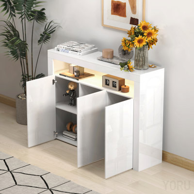 3-Door Sideboard Storage Cabinet, High Gloss, LED Lights for Hallway - White