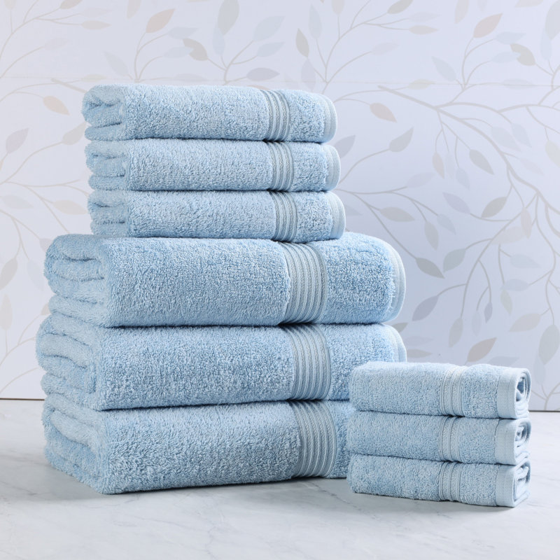 Glennet Heritage Egyptian Cotton Soft Absorbent 9 Piece Bathroom Towel Set, Light Blue