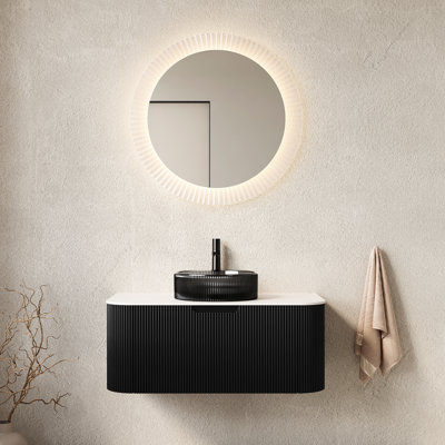Meuble-lavabo mural transparent noir avec lavabo rond de 91 cm (36 po), armoire à rayures 3D, tiroir à fermeture amortie, lavabo pré-assemblée.