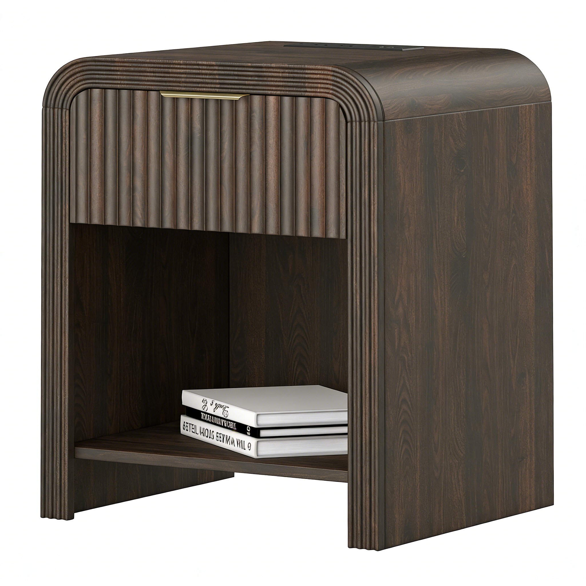 Ivy Bronx Fluted Nightstand With Charging Station, Modern Wood End ...