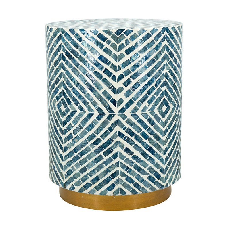 Tabouret d'appoint rond avec motif capiz bleu et blanc et base piédestal dorée