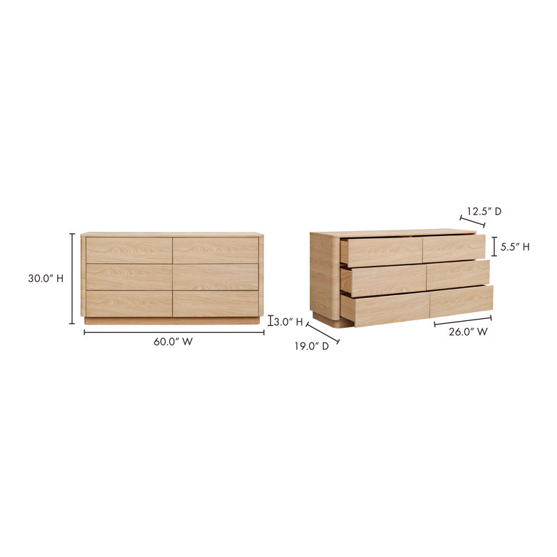 6 Drawer 60" W Double Dresser, Oak