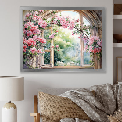 «Pink Blossoming Country Window Gaze IV», art mural fenêtre