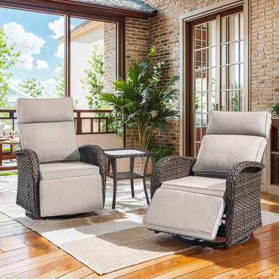 Ensemble de 3 fauteuils de jardin inclinables et pivotants à double ajustement - chaise de patio inclinable avec dossier et repose-pieds réglables, chaise longue d'extérieur en osier toutes saisons avec table d'appoint pour terrasse