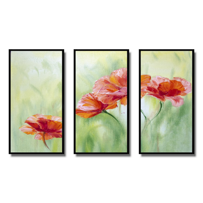 «Red Blossoming Poppies I», peinture sur toile 3 pièces, Noir, H 28 po x l 36 po