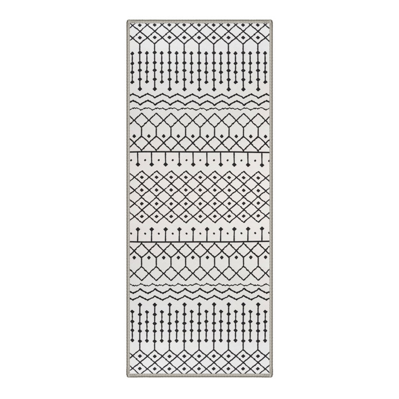 Abrahamson Zigara Geometric Machine Washable White / Black Onyx Indoor Area Rug with Non-Slip Backing, Runner 2' x 7'