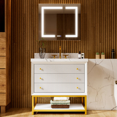 Ensemble de meuble-lavabo autoportant 36 po en blanc avec plateau en marbre blanc, surface imperméable résistante aux égratignures, tiroirs à fermeture en douceur + DEL de nuit intégrée, avec armoire à pharmacie lumineuse à DEL sans cadre (antibuée, gradation 3000 K / USB / O 1800 W